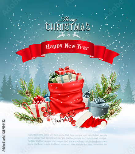Christmas holiday background with a red sack full presents. Vector.