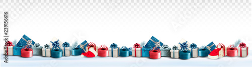 Holiday Christmas panorama with colorful gift boxes and Santa Hat on transparent background. Vector.