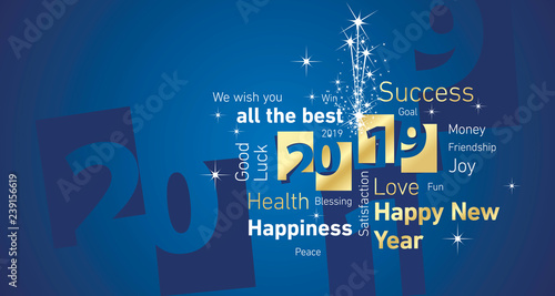 Happy New Year 2019 firework negative space word cloud text gold white blue vector