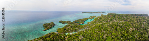 Aerial: tropical paradise pristine coast line rainforest blue lake at Bair Island. Indonesia Moluccas archipelago, Kei Islands, Banda Sea. Top travel destination, best diving snorkeling.