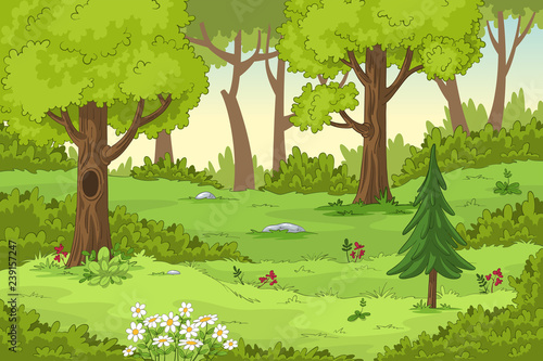 Cartoon summer landscape with trees and flowers, hand draw illustration