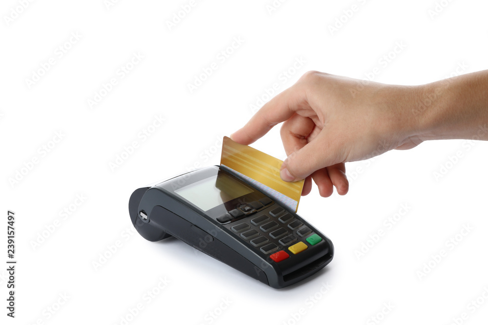 Woman using terminal for credit card payment on white background Woman using terminal for credit card payment on white background