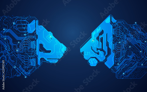 futuristic digital lion versus technological tiger, shape of lion and tiger head combined with electronic board, concept of powerful technology confrontation