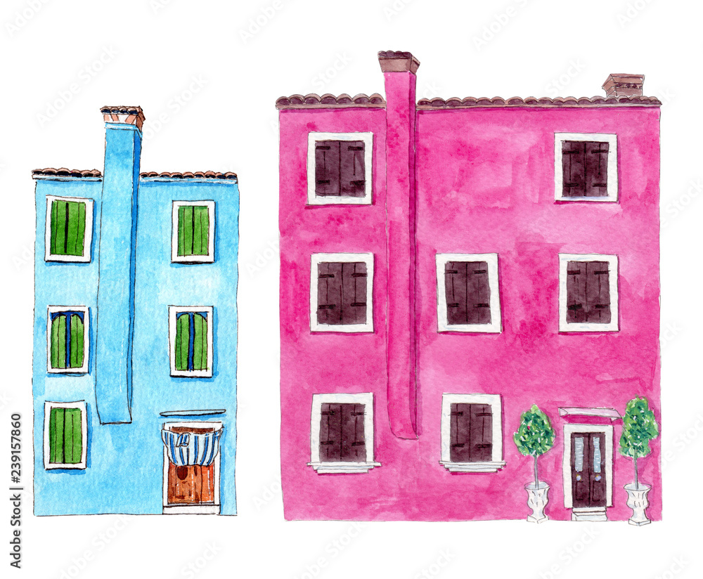 Set of watercolor colorful illustration of a houses from Burano