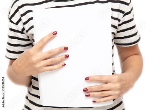 Girl with office paper in hands on white background
