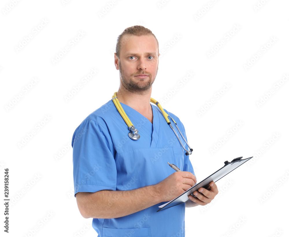 Portrait of medical assistant with stethoscope and clipboard on white background Portrait of medical assistant with stethoscope and clipboard on white background