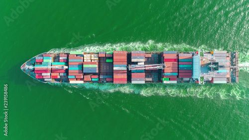 Aerial top view container ship on the sea full speed transport container for logistics import export or shipping background.