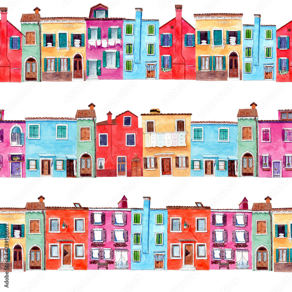 Seamless pattern with bright hand painted watercolor cute houses. Seamless pattern with bright hand painted watercolor cute houses.