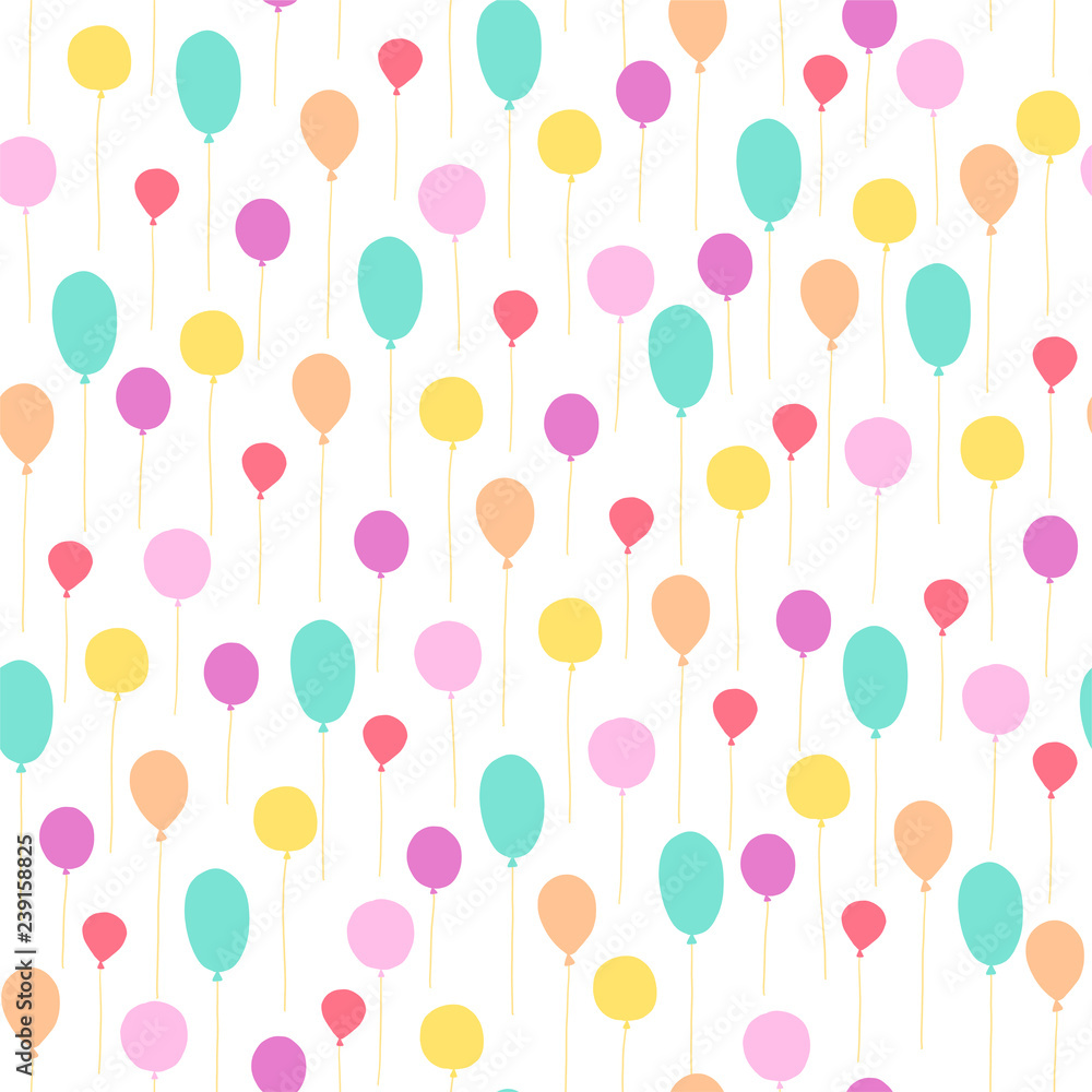 Vector seamless pattern for children birthday party. Flat hand drawn style. Green, yellow and pink balloons isolated on white background. Good for cards, packaging gifts paper, banner etc.