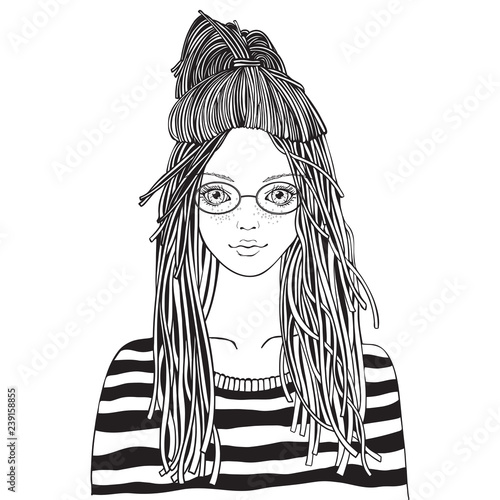 Yong girl with glasses in a striped sweater. Coloring book page for adult. Doodle style. Black and white.