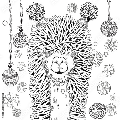 New year winter llama. Coloring Book page for Adult and children in doodle style. Black and white background. Hand-drawn christmas lama.