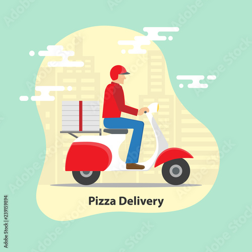 Pizza delivery concept. Delivery scooter motorcycle with pizza boxes on city background.