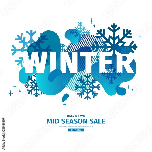 Abstract geometric design for winter. Christmas offer banner with vector liquid form and decor of snowflakes and sparkles. Blue creative template mid season sale graphic with fluid dynamic shape.