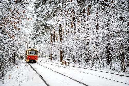 Red tram among the snowy forest.