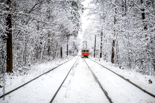 Red tram, leaving the distance through the snow-covered forest.
