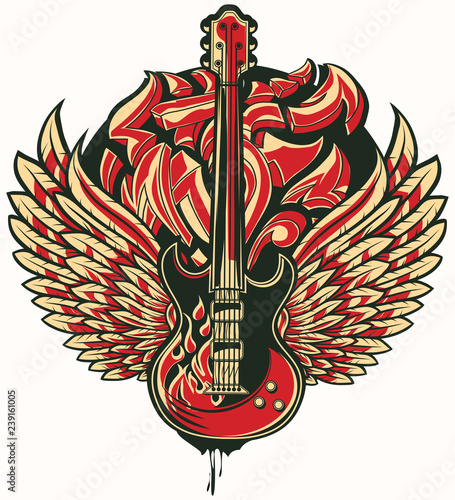 Rock guitar winged graffiti emblem