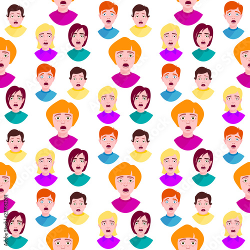 People horror faces vector extremely surprised young shock portrait frightened character emotions afraid expression person with open mouth illustration seamless pattern background.