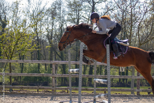 young lady jumps with horse over obstacles in the outer box