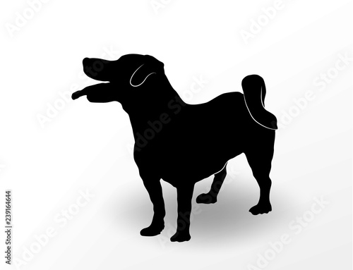 Silhouette of cute dog jack russell terrier standing with open mouth and tongue hanging out and looking up. Curious happy smiling pet. Vector illustration