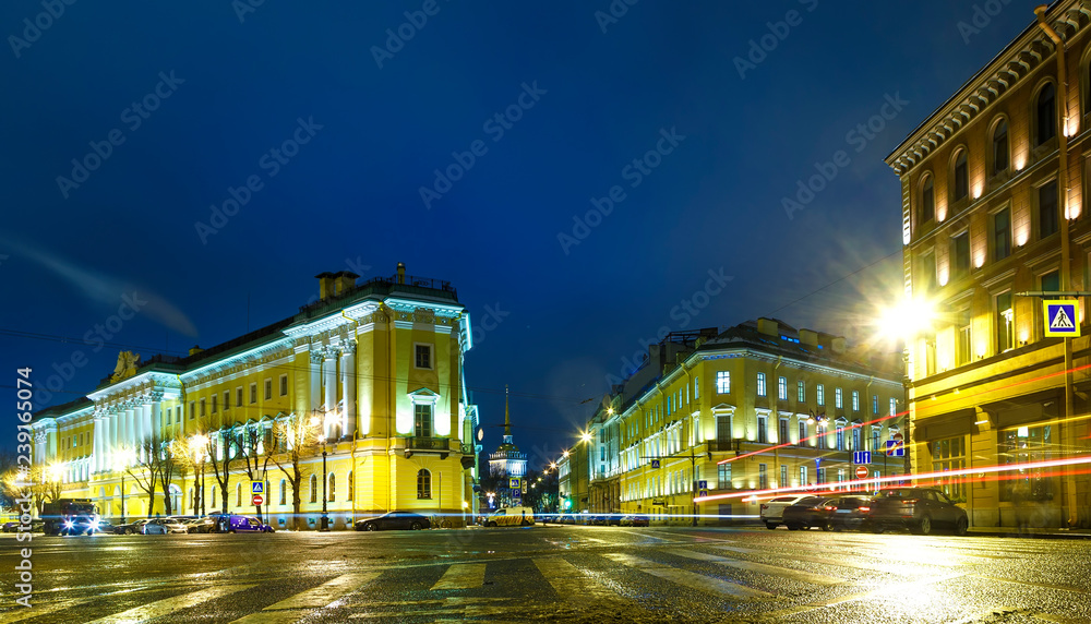 Night Petersburg. Streets of Petersburg. Russia. St. Isaac's Square. Architecture of St. Petersburg.