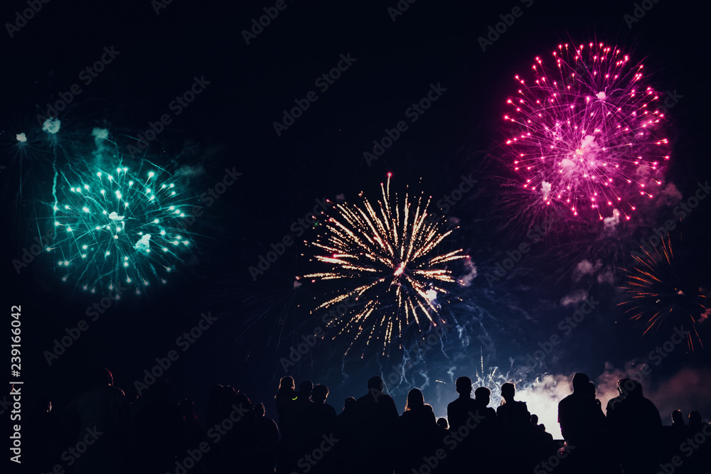 Crowd watching fireworks and celebrating new year eve Crowd watching fireworks and celebrating new year eve