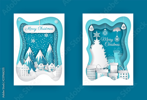 Merry Christmas near Fir-tree and Mountain Vector