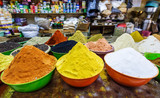 Spice store. Assortment of different colorful powder seasoning. Spices in store in the old city Aqaba. Jordan.