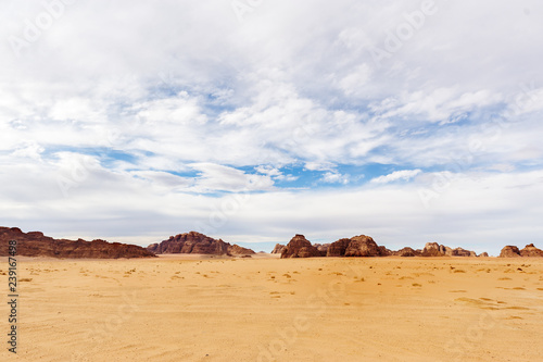 Wide view of mountains and desert in Jordan.