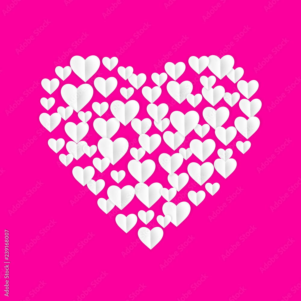 White paper love hearts for Valentine's day. Pink vector background. Valentine's day design with hearts. Template for your design