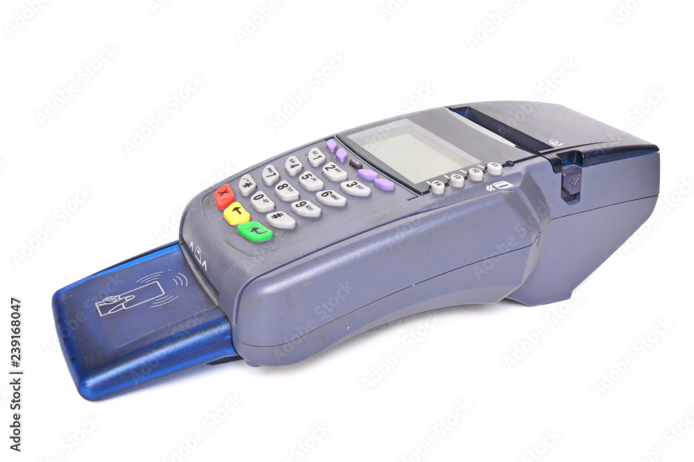 Pos payment terminal on white background. Isolated. Right side view Pos payment terminal on white background. Isolated. Right side view