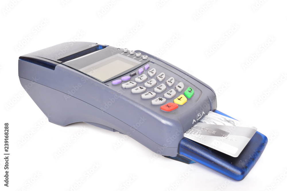Pos payment terminal with a plastic Bank card inserted into the card reader on white background. Isolated. Left side view Pos payment terminal with a plastic Bank card inserted into the card reader on white background. Isolated. Left side view