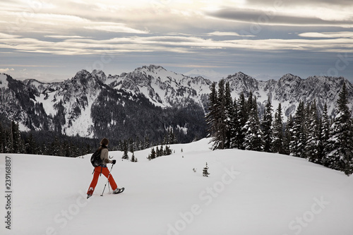 people snow shoeing and skiing on mt rainier in washington state