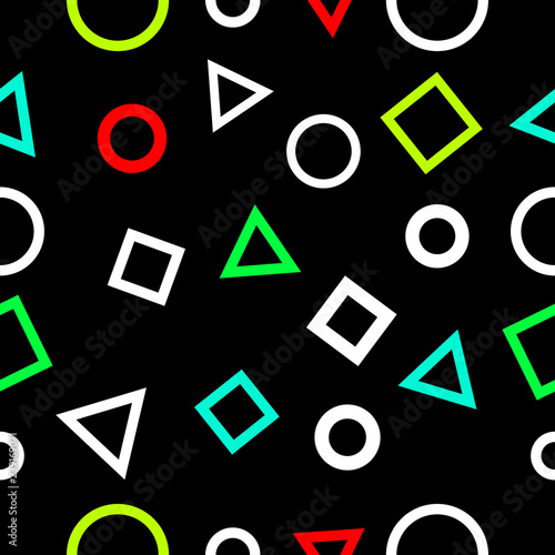 Squares, triangle and circles geometry seamless pattern neon color abstract background vector illustration