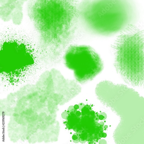 Green stain paints various shapes. Watercolor splashes on paper, spots green shades. Bright colors. Artistic process, workshop. Rough texture strokes for design, templates, drawing, graphic art
