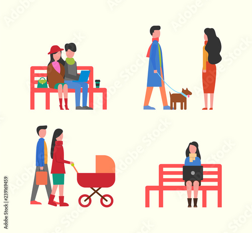 Couple Working on Laptop on Bench, Family Walking