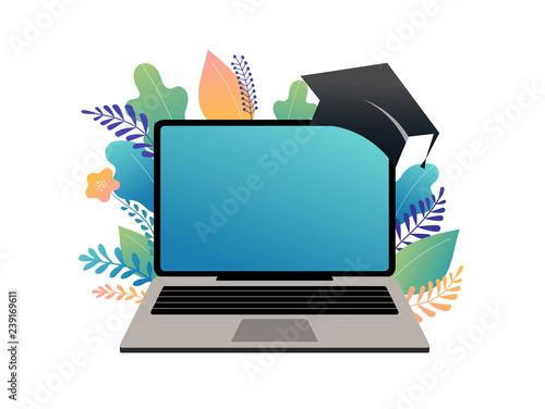 E-learning concept illustration. Big laptop with a square academic cap