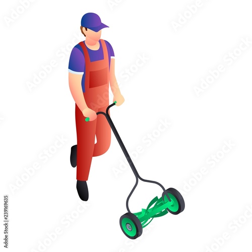 Two wheel lawnmower icon. Isometric of two wheel lawnmower vector icon for web design isolated on white background