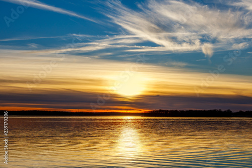 Cloudy sunset over a lake in Oklahoma.