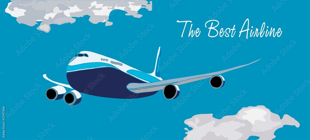 Passenger Airlines. Clouds sky background with airplane. Vector illustration