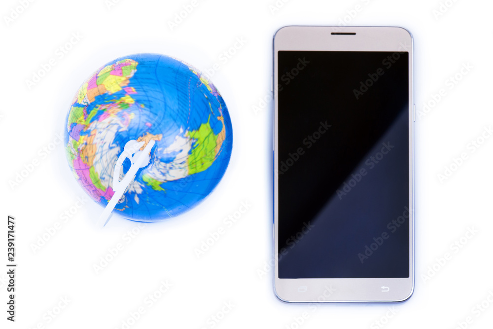 Smart phone with black blank display and globe Smart phone with black blank display and globe
