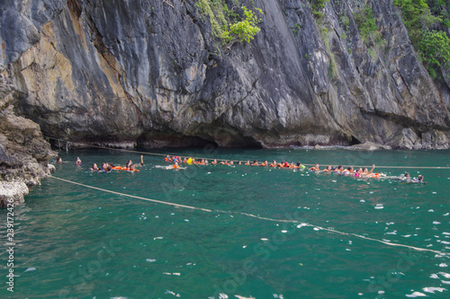 The tourist queue in at the exit of the Emerald Cave or Morakot Cave. Famous cave in Mook island. Trang Province, South of Thailand photo