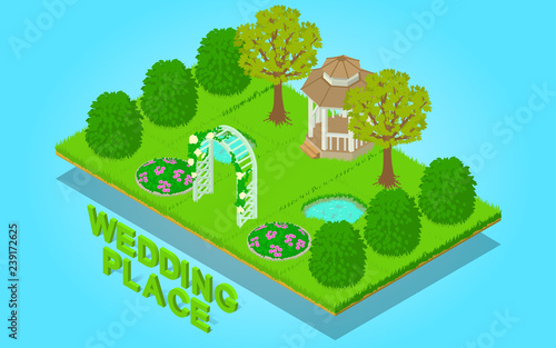Wedding place concept banner. Isometric banner of wedding place vector concept for web, giftcard and postcard photo