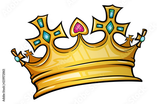 Golden crown mascot with colorful gem stones. Vector illustration isolated on white background. Good for logos, icons, posters, stickers.