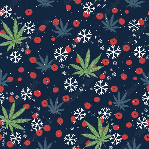 Christmas Weed Leaf and Snowflakes. Holiday Happy Background. Vector