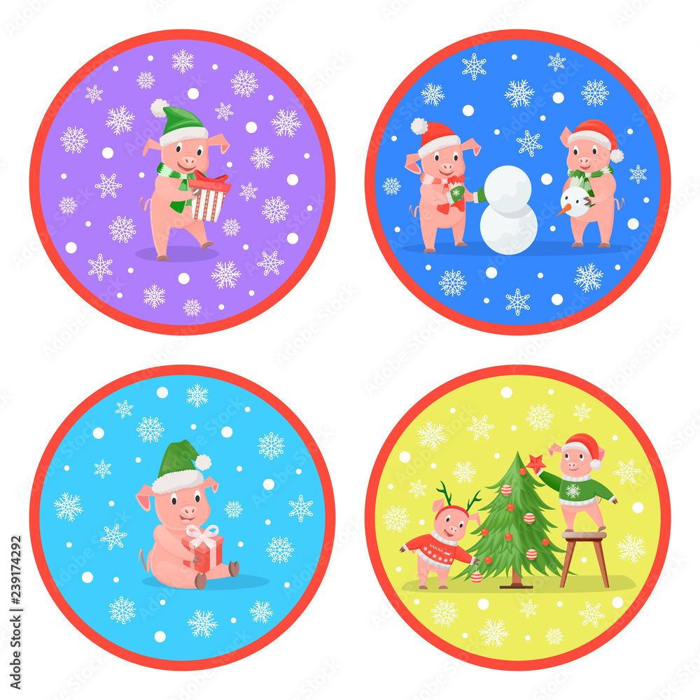 Fototapeta premium New Year Pig Couples, Christmas Tree and Snowman