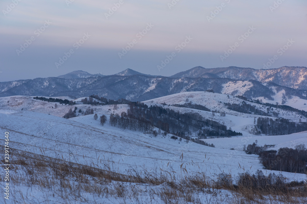 Altai mountains winte road through mountains pass