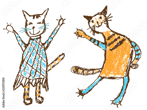 Funny he boy and she girl tabby two cats in dress. Wax crayon like child`s hand drawn cute smiling dancing kitten. Pastel chalk or pencil kids line art stroke cats. Vector artistic doodle simple pets