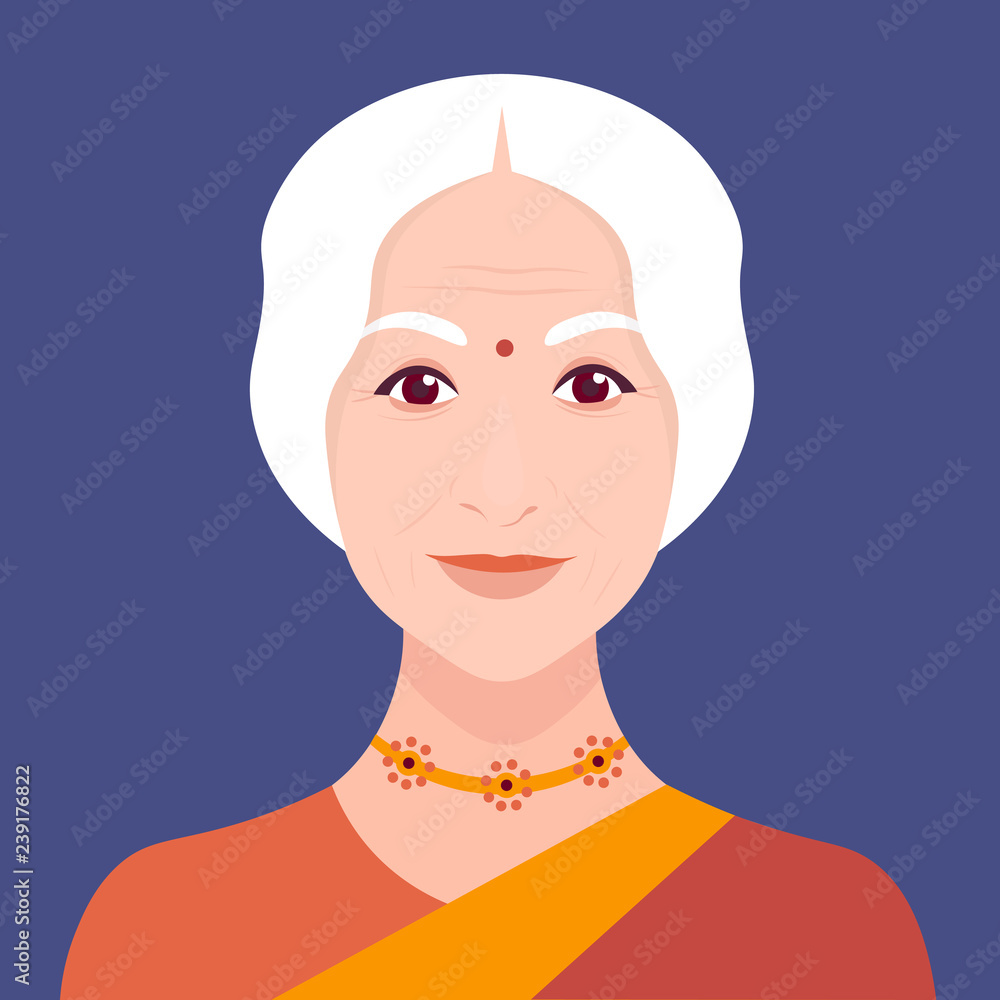Avatar of Indian woman in a sari. Elderly female portrait. Face grandmother. Vector flat illustration Avatar of Indian woman in a sari. Elderly female portrait. Face grandmother. Vector flat illustration