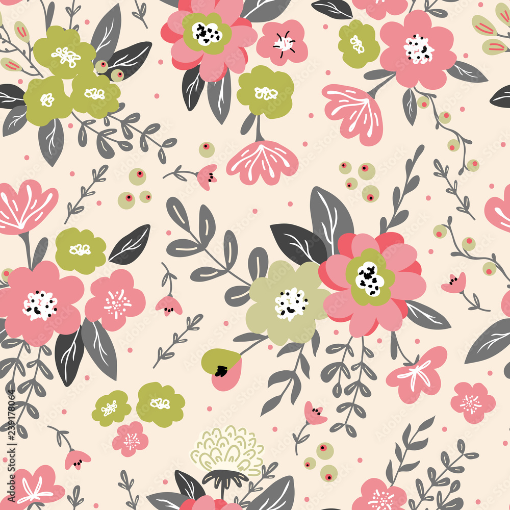 Trendy colorful seamless floral pattern with modern simple flowers. Cute repeated pattern for fabric design, wallpaper,wrapping paper