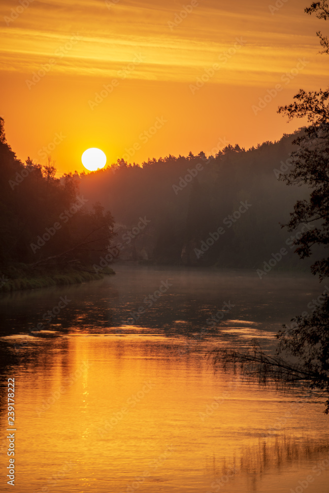 colorful sunset on river Gauja in Latvia